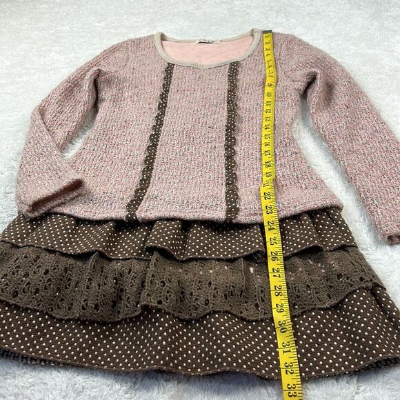 Tian Xin Ny Hai Pink brown polka dot ruffled drop waist sweater dress, size med - Picture 4 of 9
